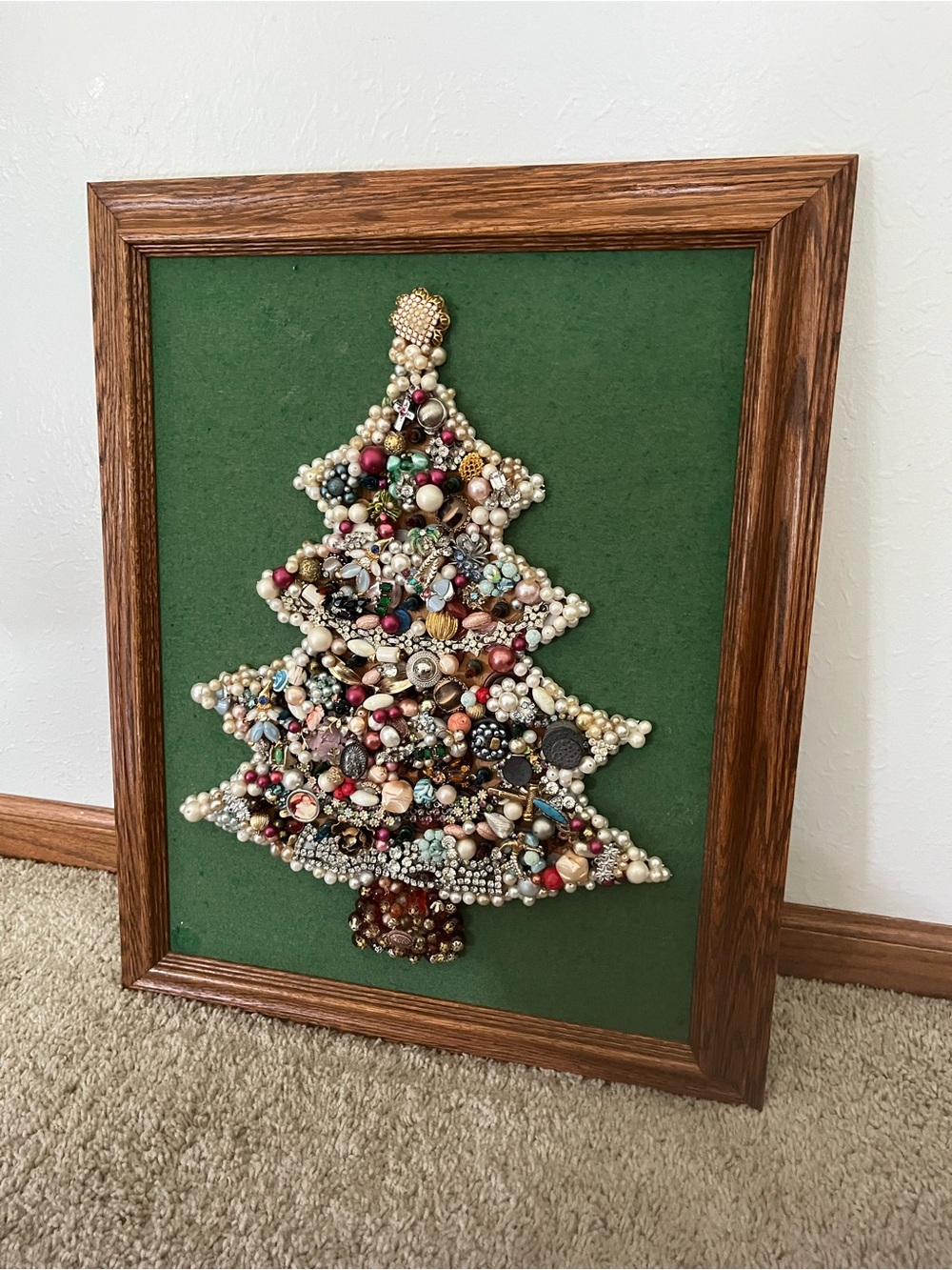 Handmade Pearl and Vintage Jewelry Christmas Tree Wall Art - Green Background